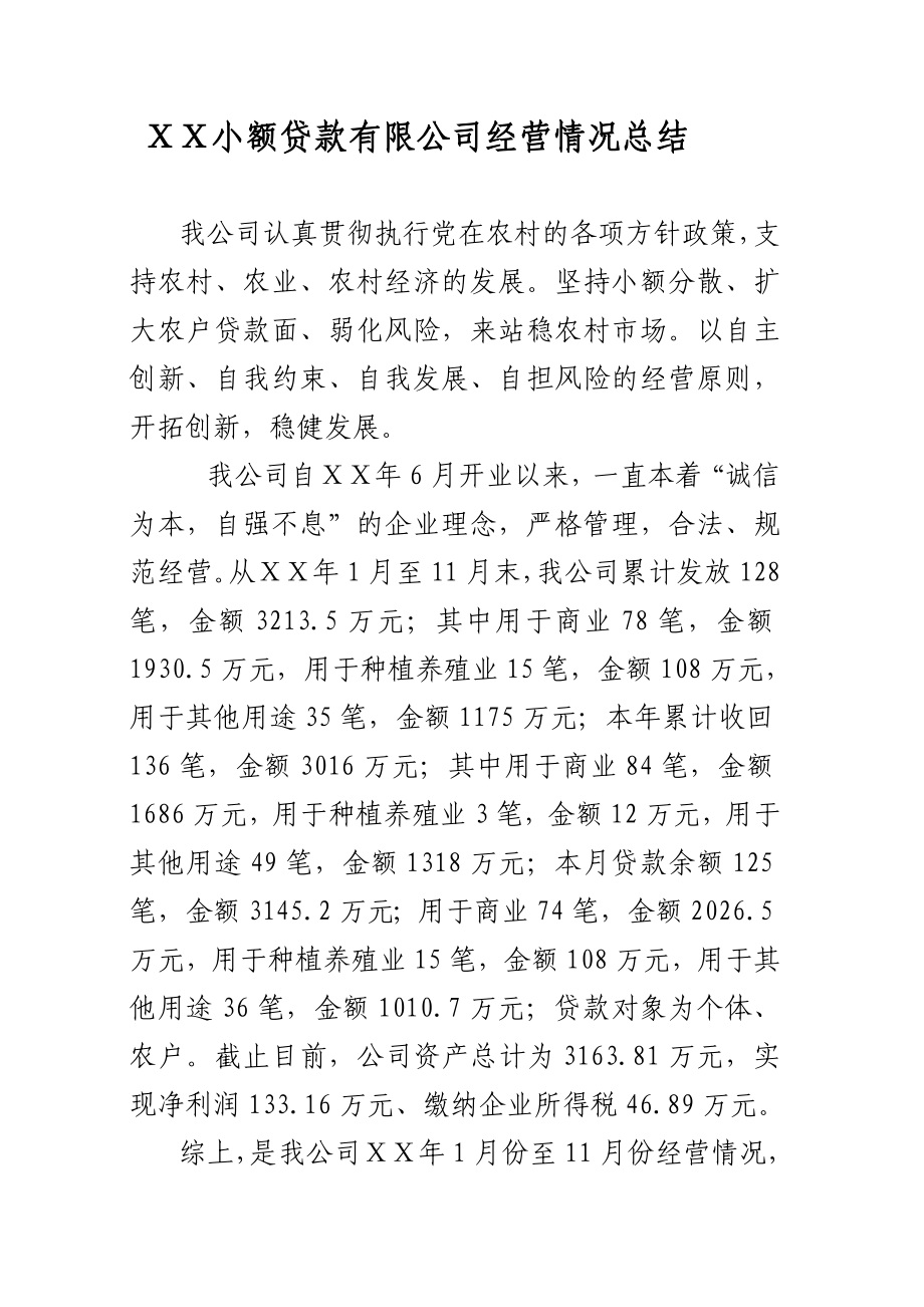 小额贷款有限公司经营情况总结_第1页