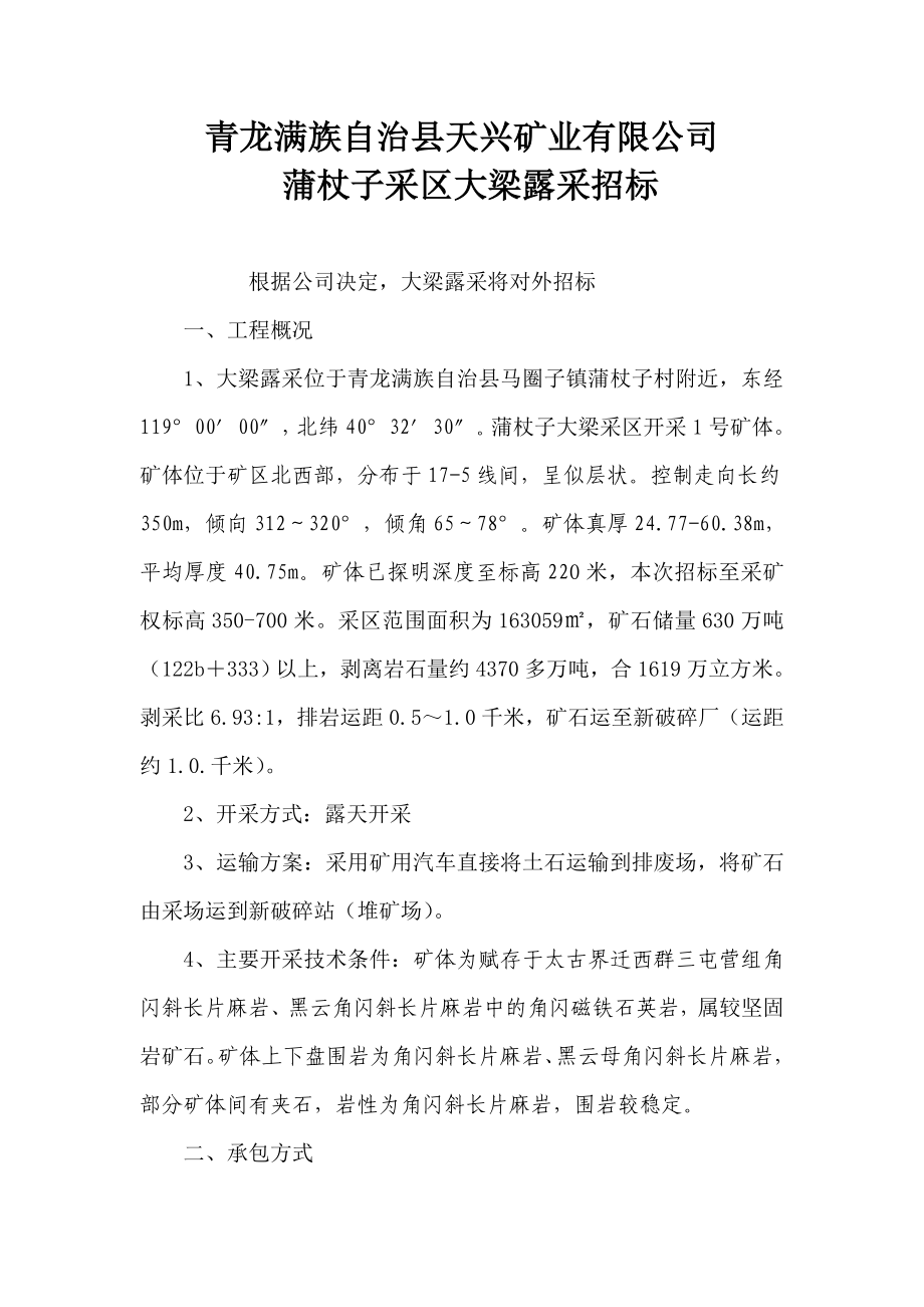 青龙满族自治县天兴矿业有限公司蒲杖子采区大梁露采招标书_第1页