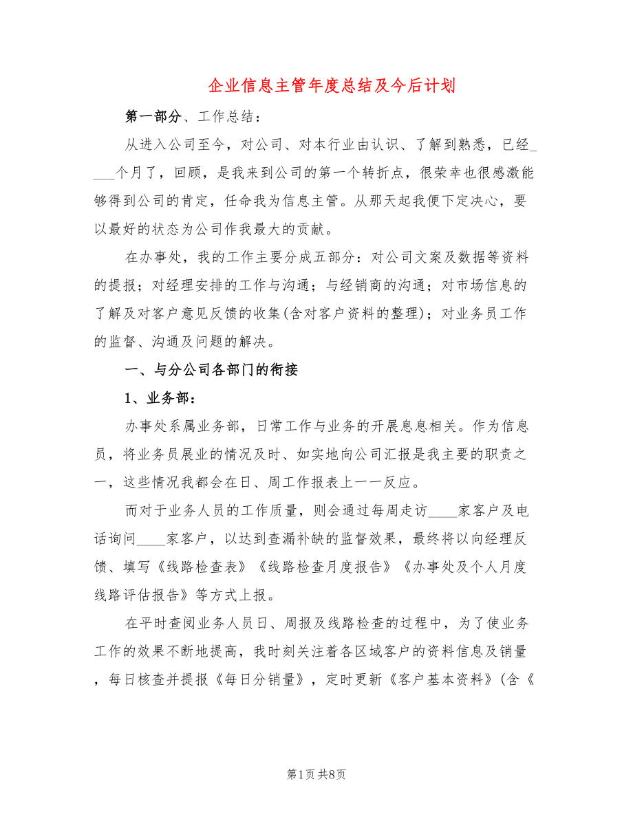 企业信息主管年度总结及今后计划_第1页