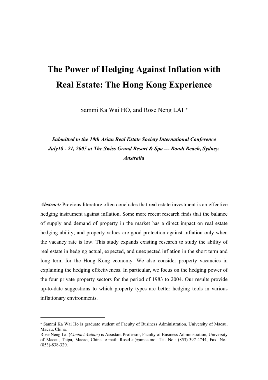The Power of Hedging Against Inflation with Real Estate The Hong Kong Experience_第1页