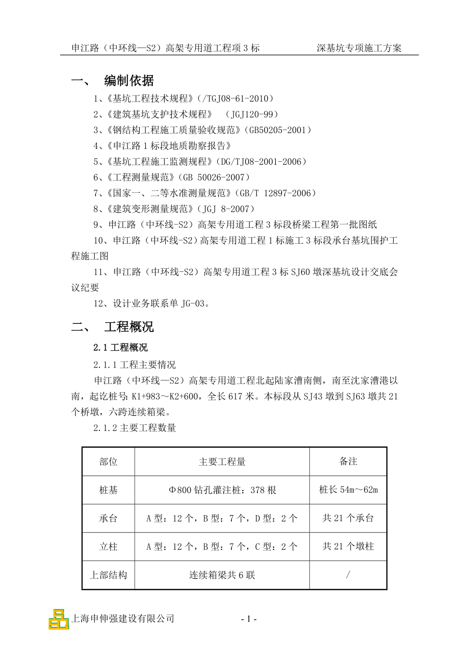 上海某高架道路工程桥梁深基坑专项施工方案(基坑围护、附示意图)_第1页