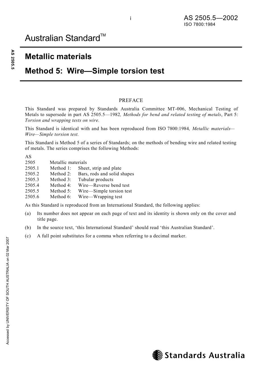 【AS澳大利亚标准】AS 250552002 Metallic materials Method 5 Wire—Simple torsion test_第1页