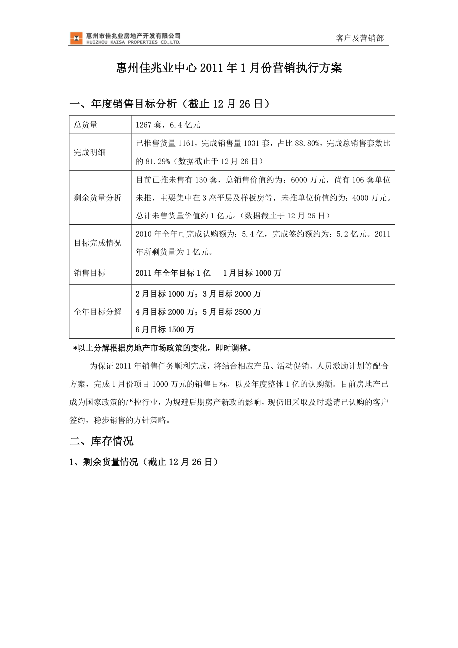 广东惠州佳兆业中心1月份营销执行方案_第1页