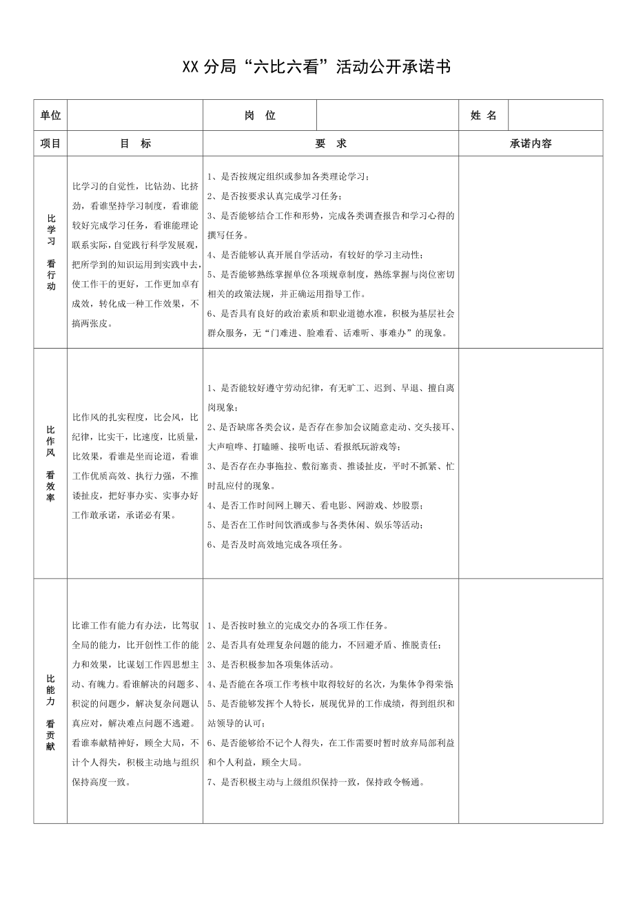 “六比六看”活动公开承诺书_第1页