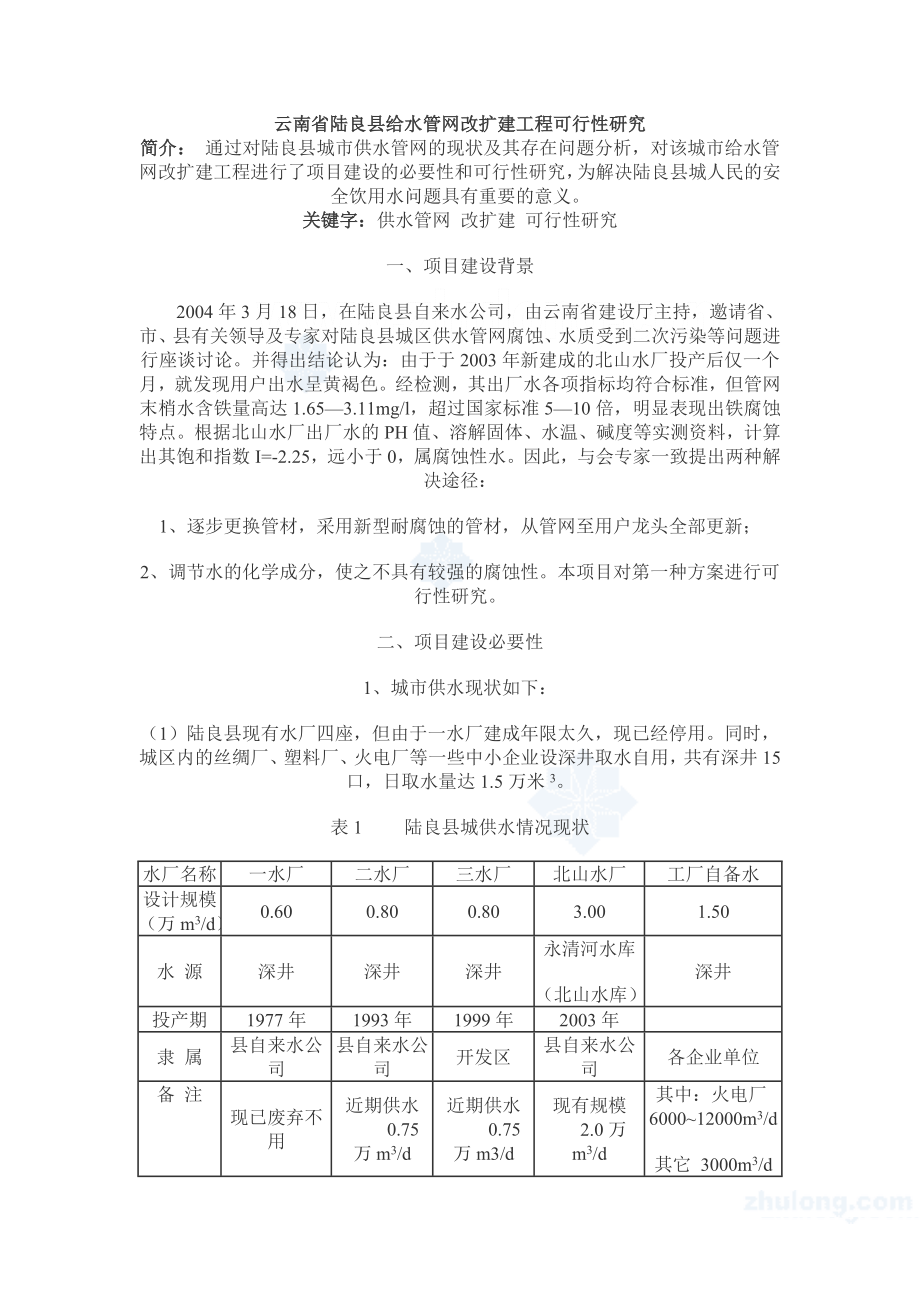 云南省陆良县给水管网改扩建工程可行性研究 secret_第1页