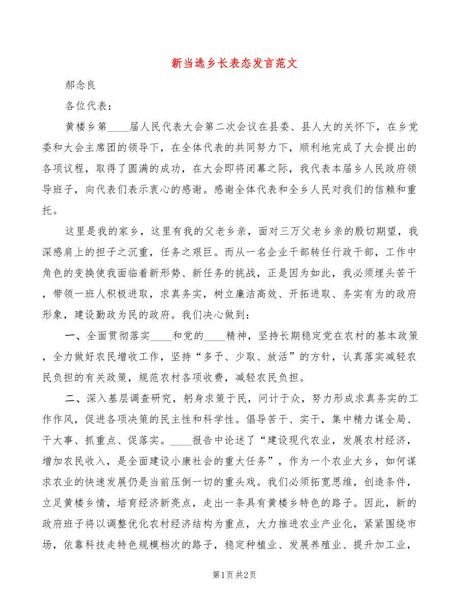 新当选乡长表态发言范文_第1页