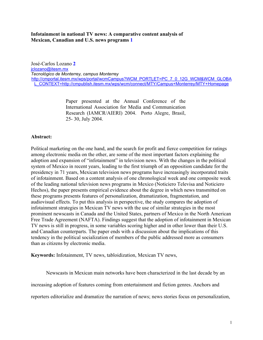 Infotainment in national TV news A comparative content analysis of Mexican, Canadian and US news programs_第1页