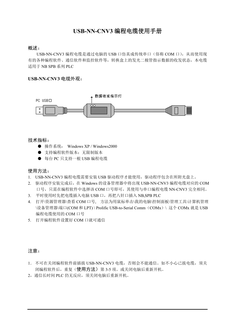 USBNNCNV3编程电缆使用手册_第1页