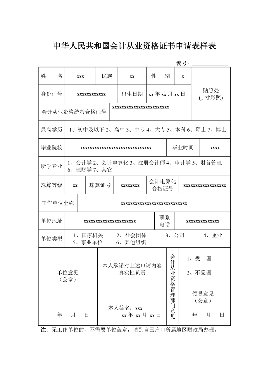 中华人民共和国会计从业资格证书申请表样表_第1页
