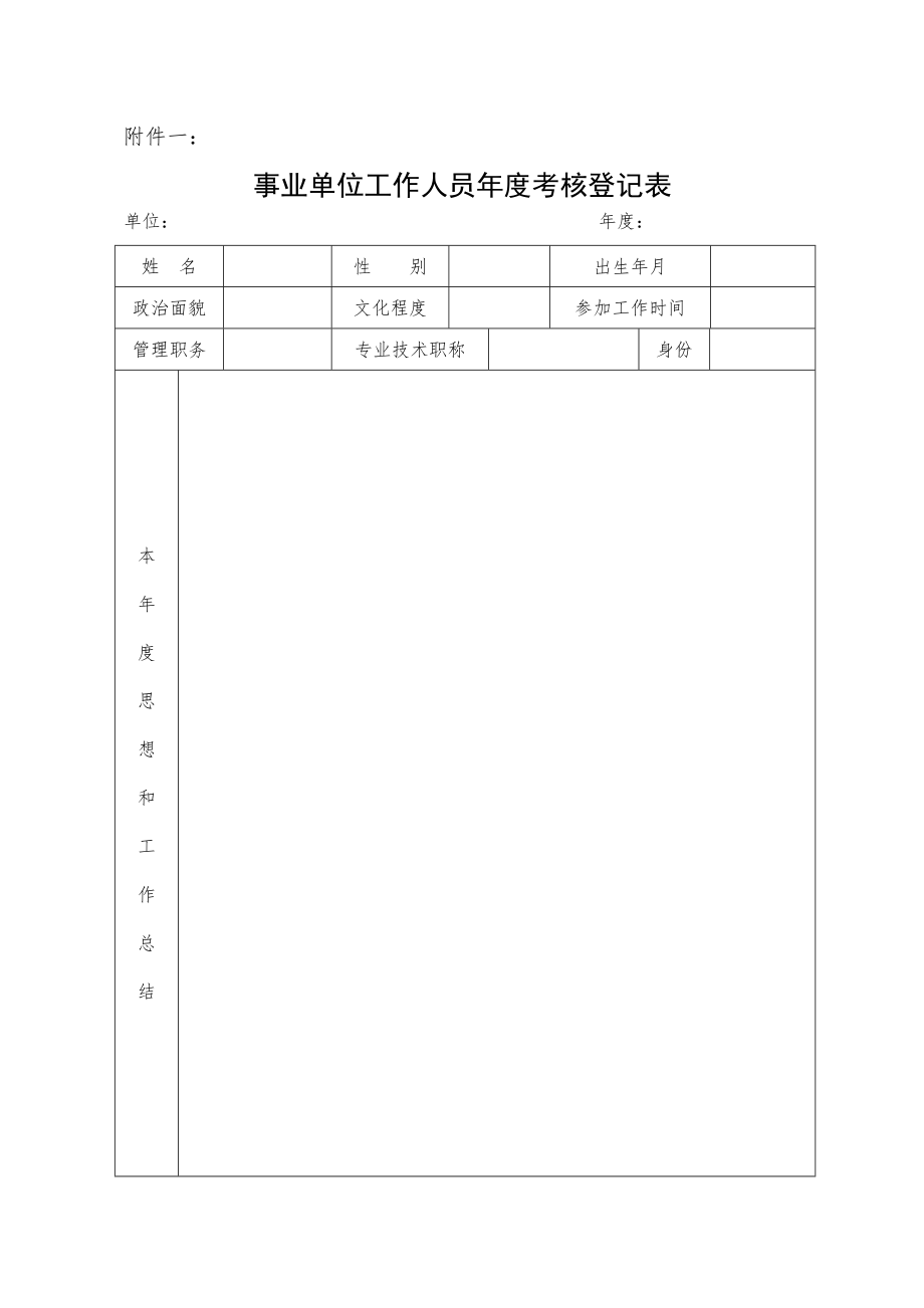 一： 一： 事業(yè)單位工作人員年度考核登記表 單位：年度： 姓名性別出生年月 政治面貌 文化程度 參加工作時間 管理職務 專業(yè)技術職稱 身份 本年度思想和工作總結主考 管核 領等_第1頁