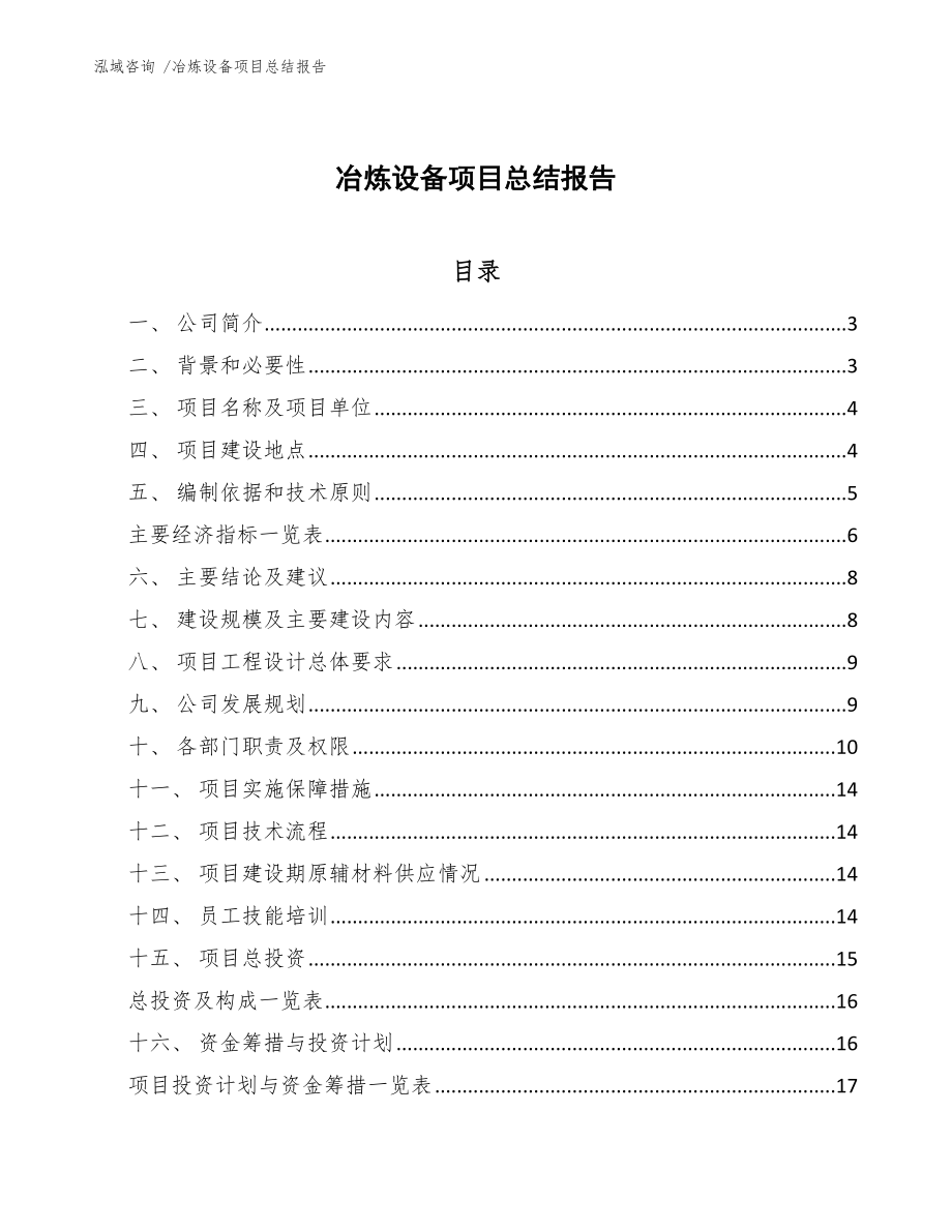冶炼设备项目总结报告参考范文_第1页