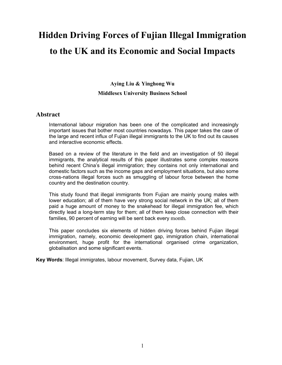 Hidden Driving Forces of Fujian Illegal Immigration to the UK and its Economic and Social Impacts_第1页