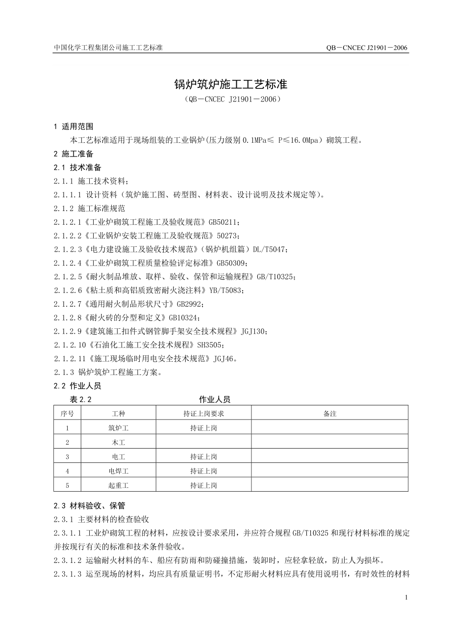 21901 锅炉筑炉施工工艺标准_第1页