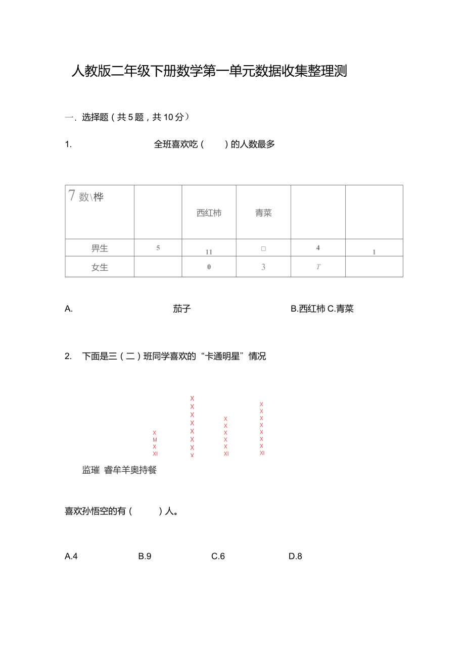 人教版二年級(jí)下冊(cè)數(shù)學(xué)第一單元數(shù)據(jù)收集整理測(cè)試卷免費(fèi)答案一套附答案【各地真題】_第1頁