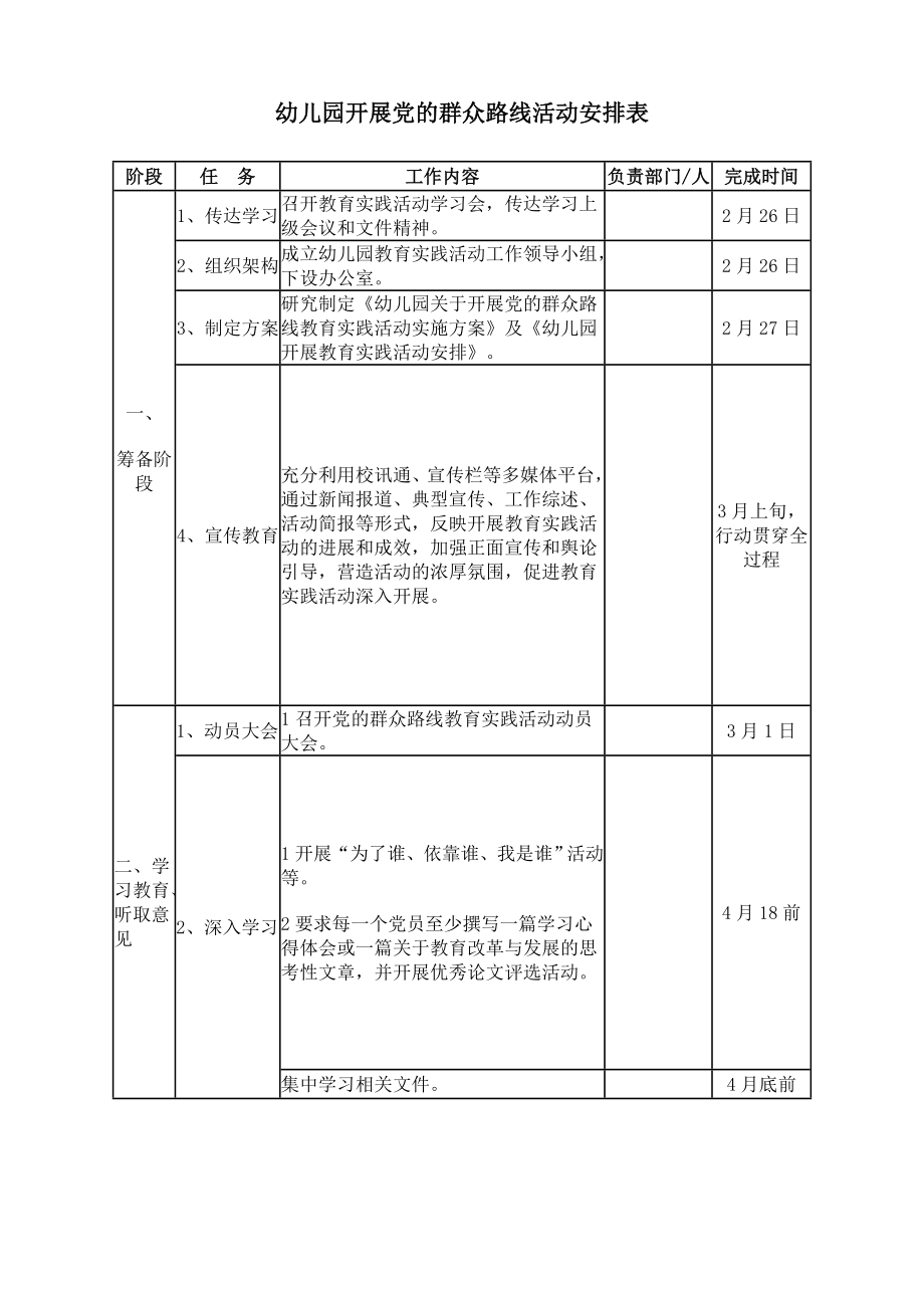 幼儿园开展党的群众路线活动安排表_第1页