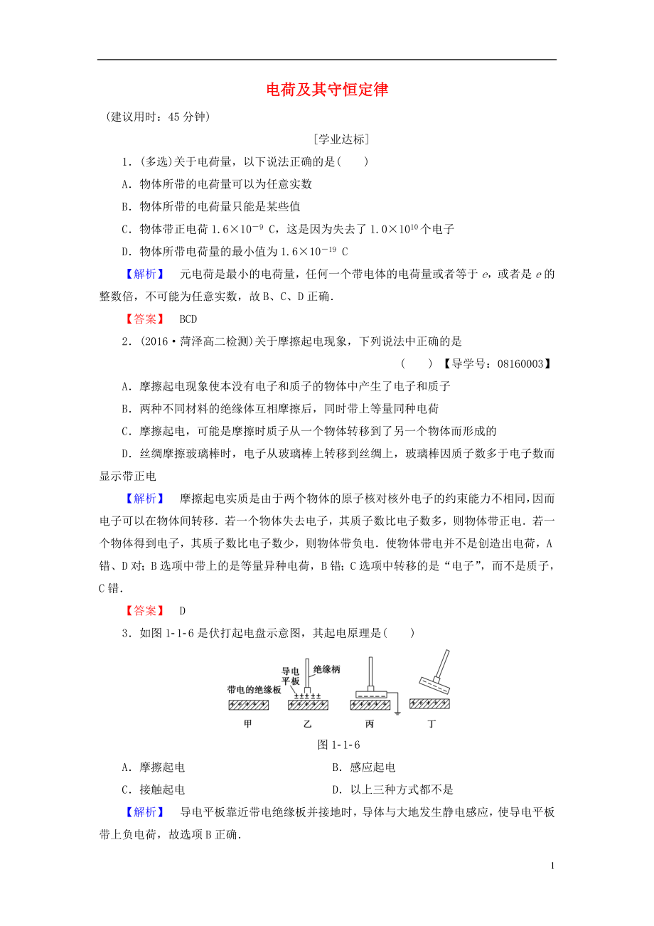 高中物理 第1章 靜電場 1 電荷及其守恒定律學(xué)業(yè)分層測評 新人教版選修31_第1頁