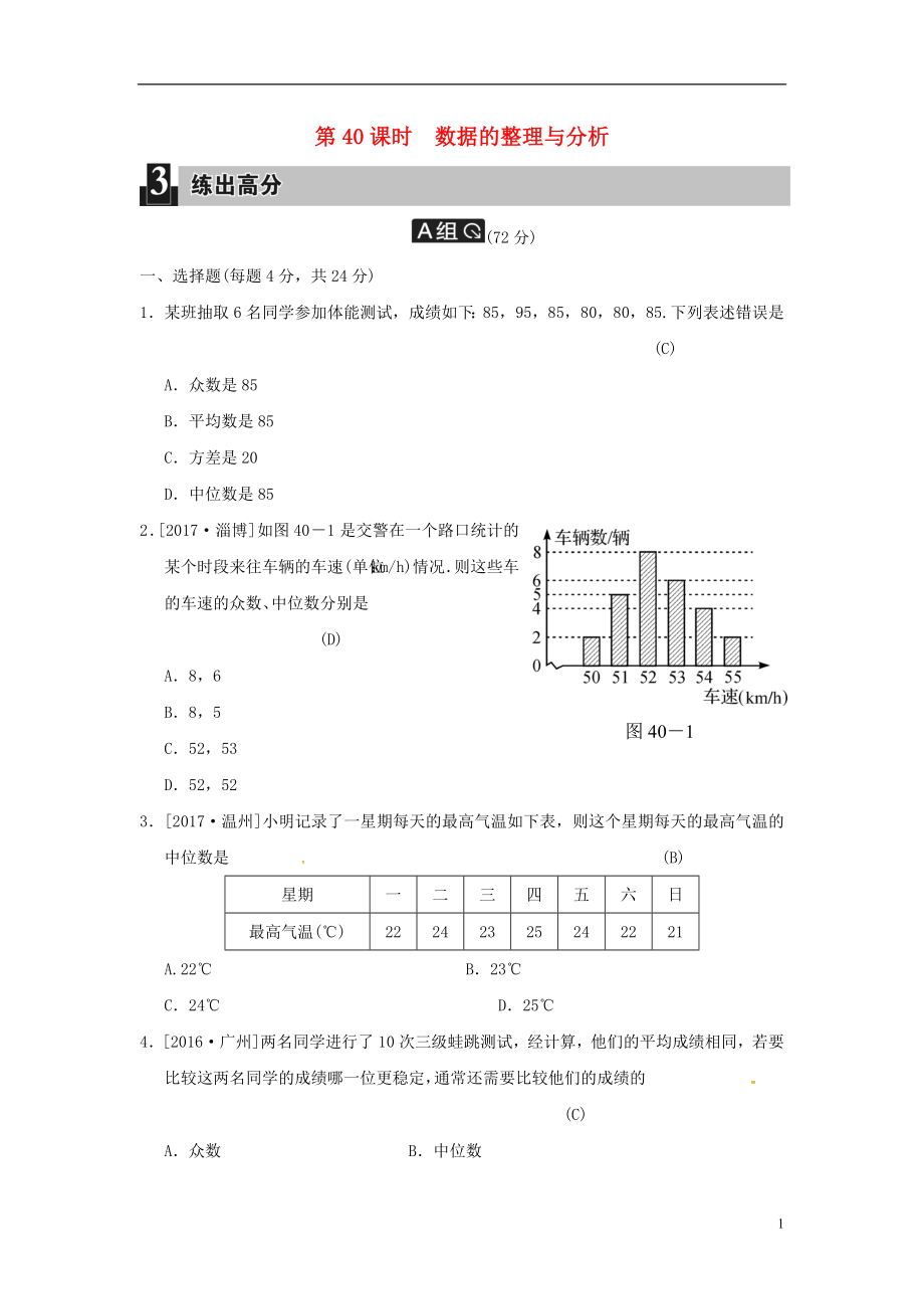 2018屆中考數(shù)學(xué)全程演練 第三部分 統(tǒng)計與概率 第十四單元 統(tǒng)計與概率 第40課時 數(shù)據(jù)的整理與分析_第1頁