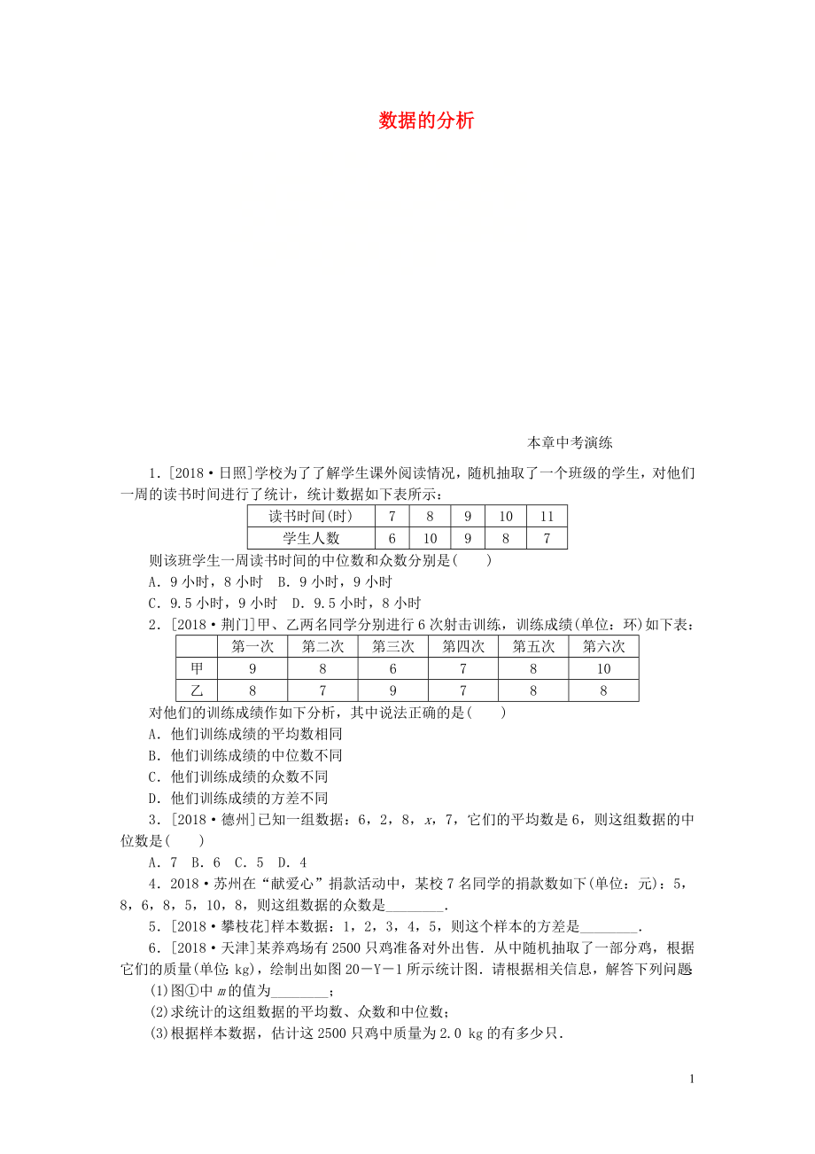 2018-2019學(xué)年八年級數(shù)學(xué)下冊 第二十章 數(shù)據(jù)的分析本章中考演練練習(xí) （新版）新人教版_第1頁