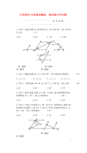 2018屆中考數(shù)學(xué)復(fù)習(xí) 第二部分 空間與圖形 第十六課時 幾何初步（幾何基本概念、相交線與平行線）練習(xí)