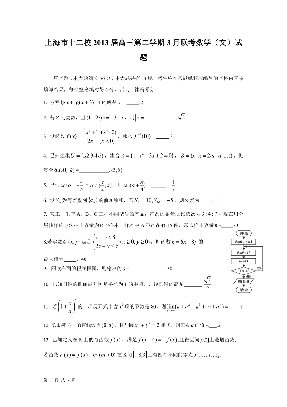 上海市十二校高三第二学期3月联考数学(文)试题_第1页