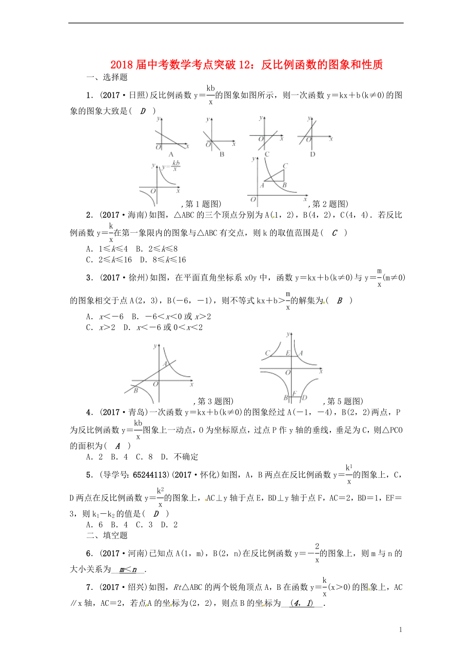 2018屆中考數(shù)學 考點突破12 反比例函數(shù)的圖象和性質試題_第1頁