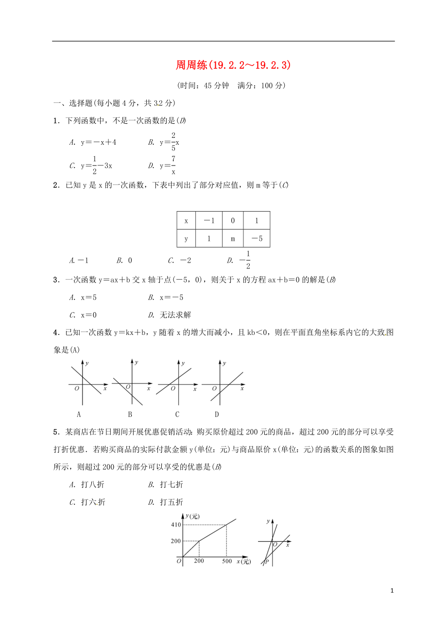 2018年八年級(jí)數(shù)學(xué)下冊(cè) 周周練(19.2.2-19.2.3) （新版）新人教版_第1頁