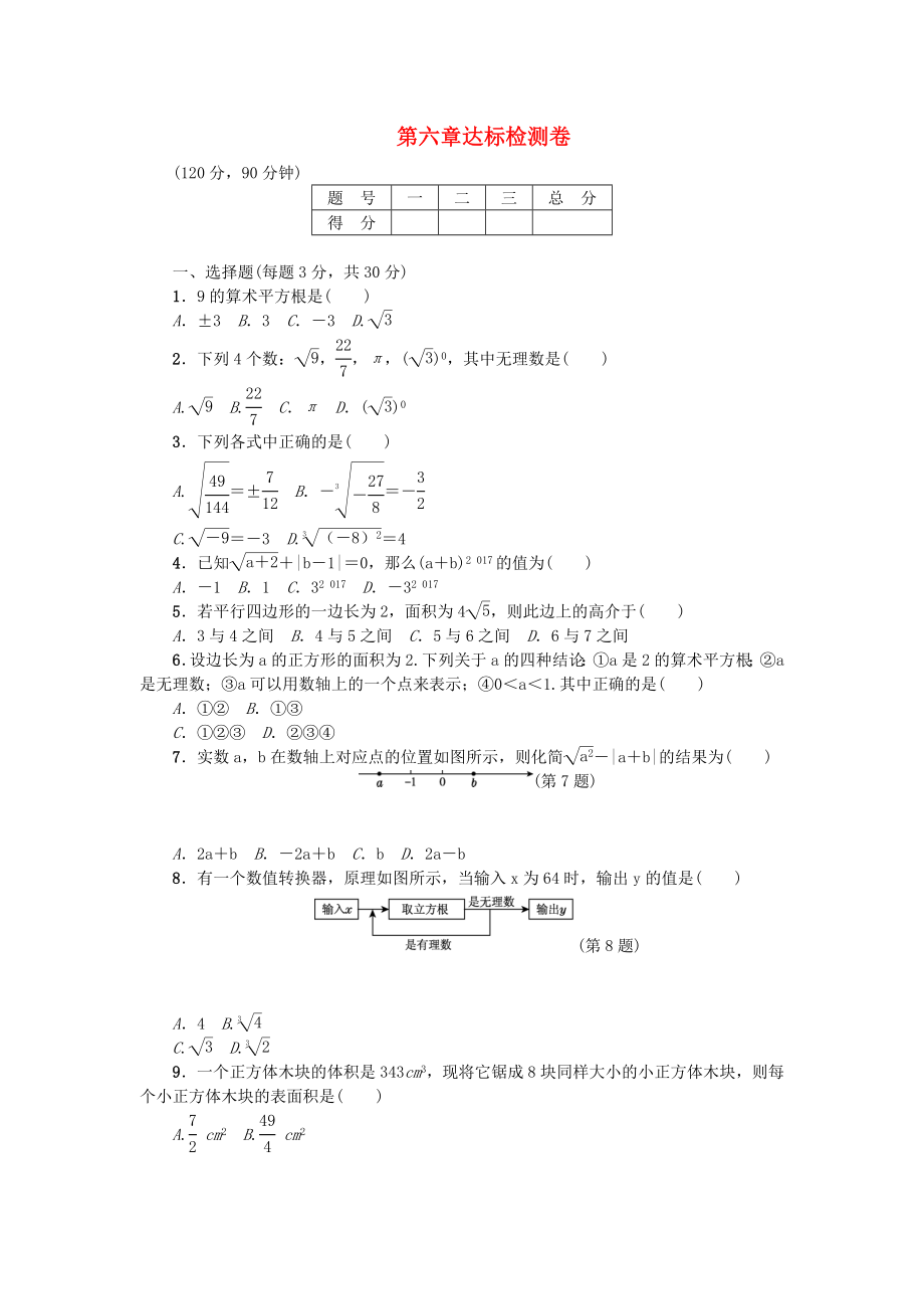 2018年春七年级数学下册 第6章 实数达标检测卷 （新版）新人教版_第1页