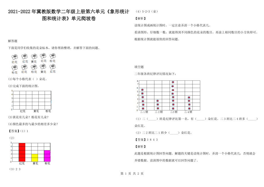 2021-2022年冀教版數(shù)學(xué)二年級上冊第六單元《象形統(tǒng)計圖和統(tǒng)計表》單元爬坡卷_第1頁