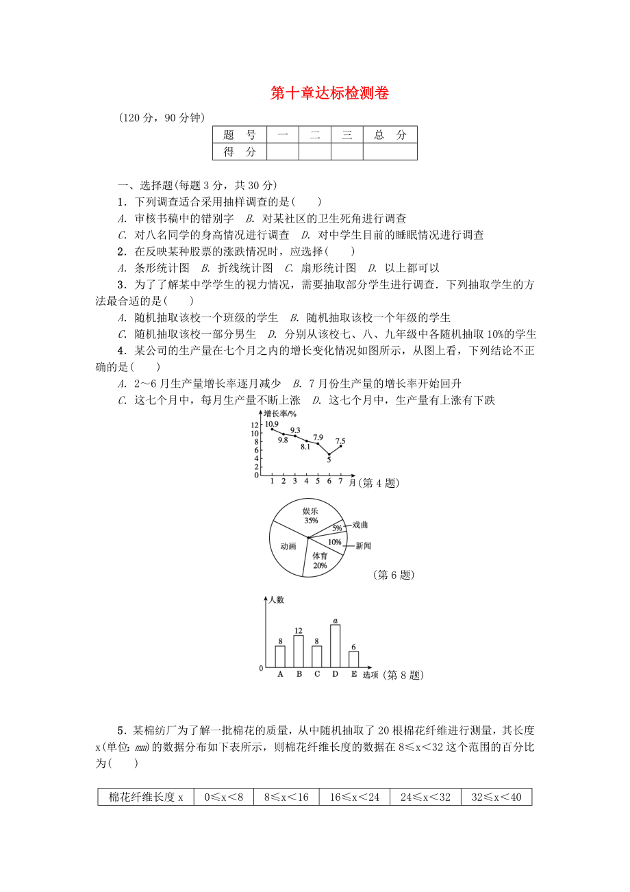 2018年春七年级数学下册 第10章 数据的收集、整理与描述达标检测卷 （新版）新人教版_第1页