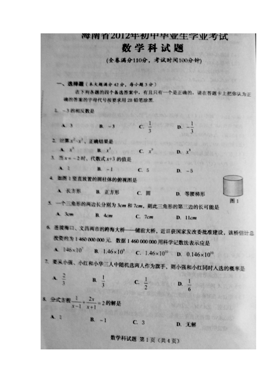 海南省中考数学真题_第1页