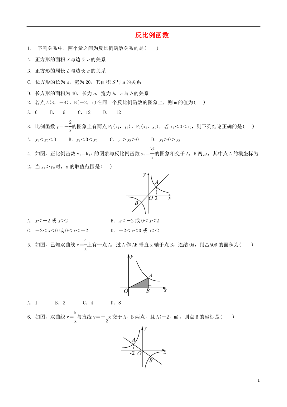 2018屆中考數(shù)學(xué)專項(xiàng)復(fù)習(xí) 反比例函數(shù)練習(xí)_第1頁(yè)