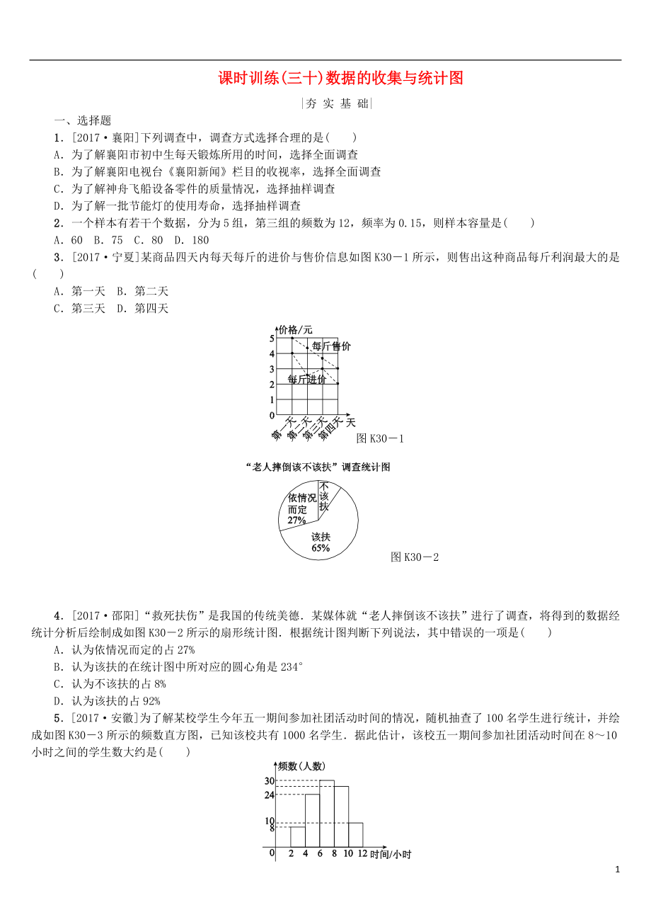 2018年中考数学复习 第8单元 统计与概率 第30课时 数据的收集与统计图检测 湘教版_第1页