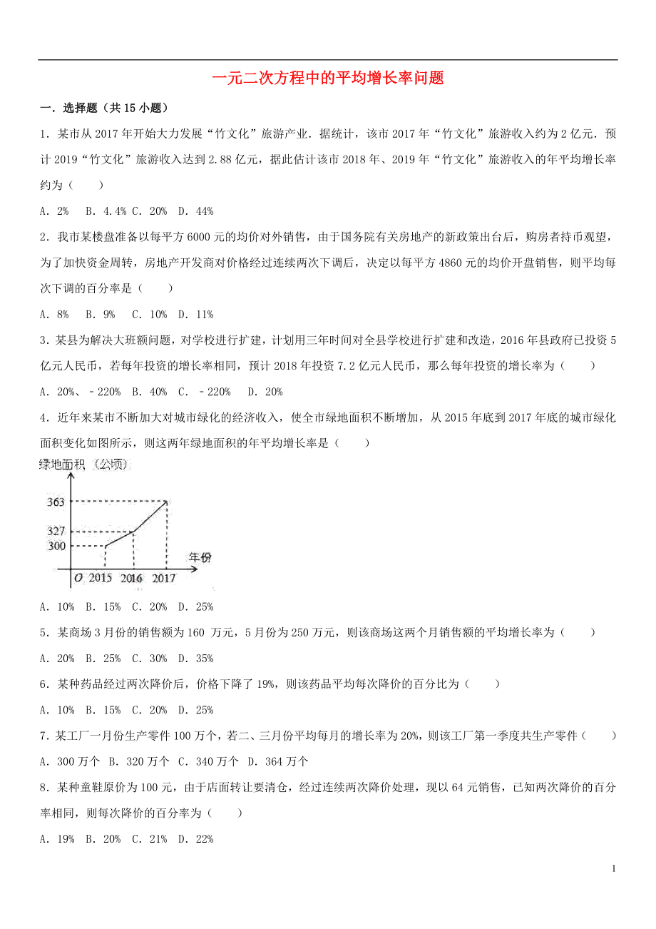 2018-2019學(xué)年九年級(jí)數(shù)學(xué)上冊(cè) 第21章 一元二次方程 一元二次方程中的平均增長(zhǎng)率問題課時(shí)專練 （新版）新人教版_第1頁