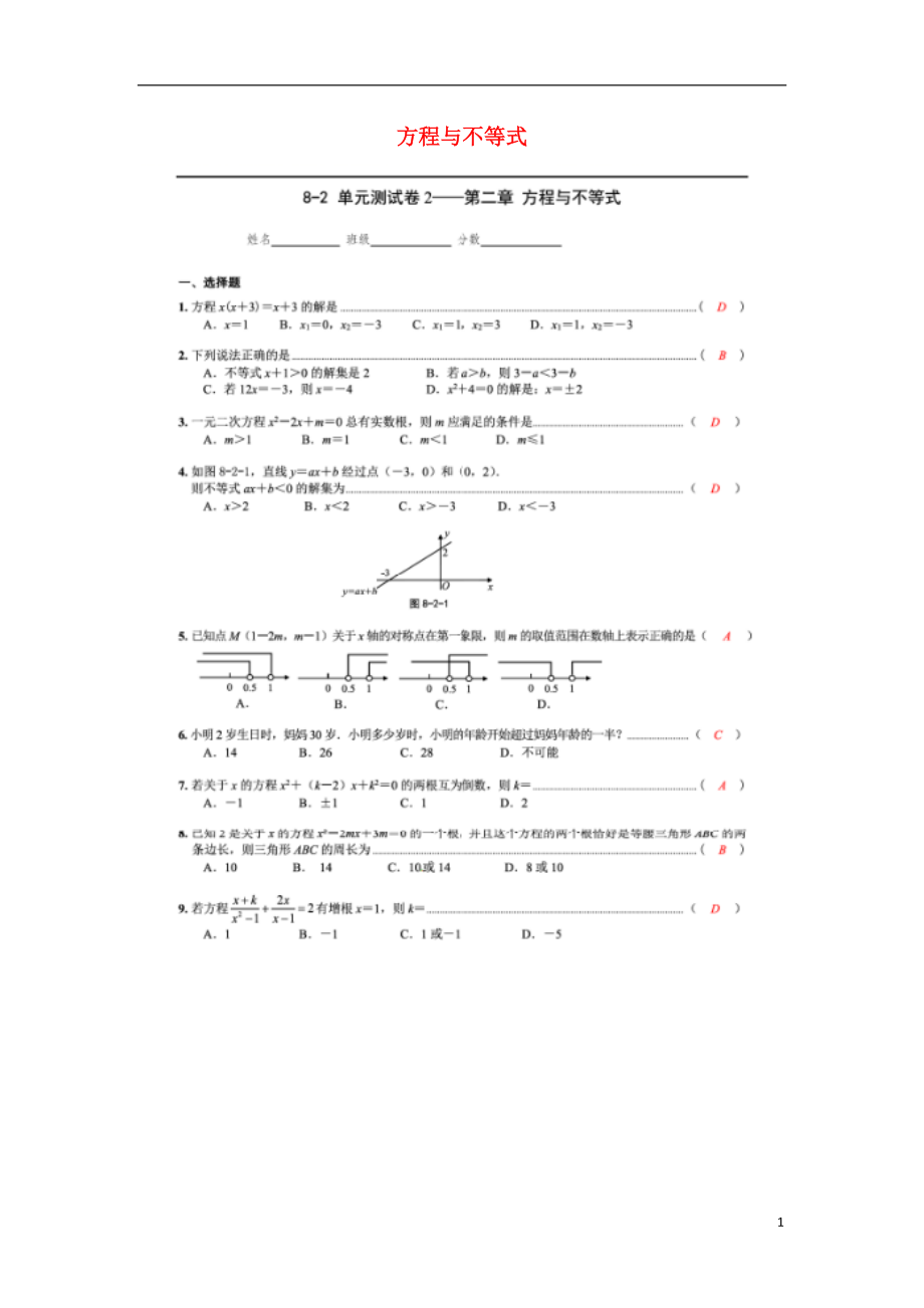 2018中考數(shù)學專題復習 第二章 方程與不等式綜合訓練（掃描版）_第1頁