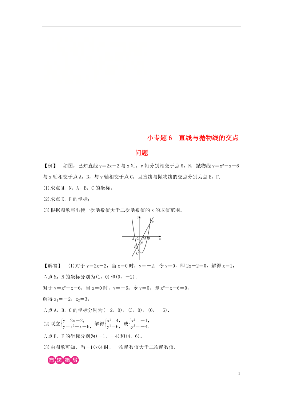 2018-2019學年九年級數(shù)學上冊 第二十二章 二次函數(shù) 小專題6 直線與拋物線的交點問題習題 （新版）新人教版_第1頁