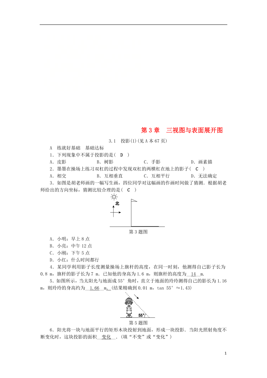 2018年秋九年級數(shù)學下冊 第3章 三視圖與表面展開圖 3.1 投影（1）練習 （新版）浙教版_第1頁