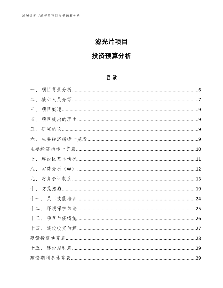 滤光片项目投资预算分析-模板范本_第1页