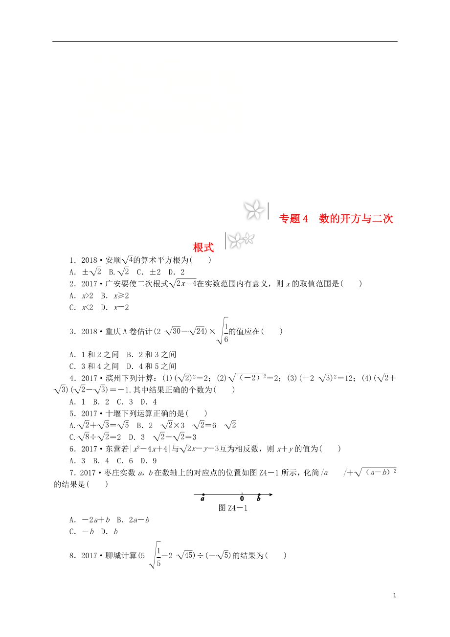 2019年中考數(shù)學(xué)專題復(fù)習(xí)小訓(xùn)練 專題4 數(shù)的開方與二次根式_第1頁(yè)