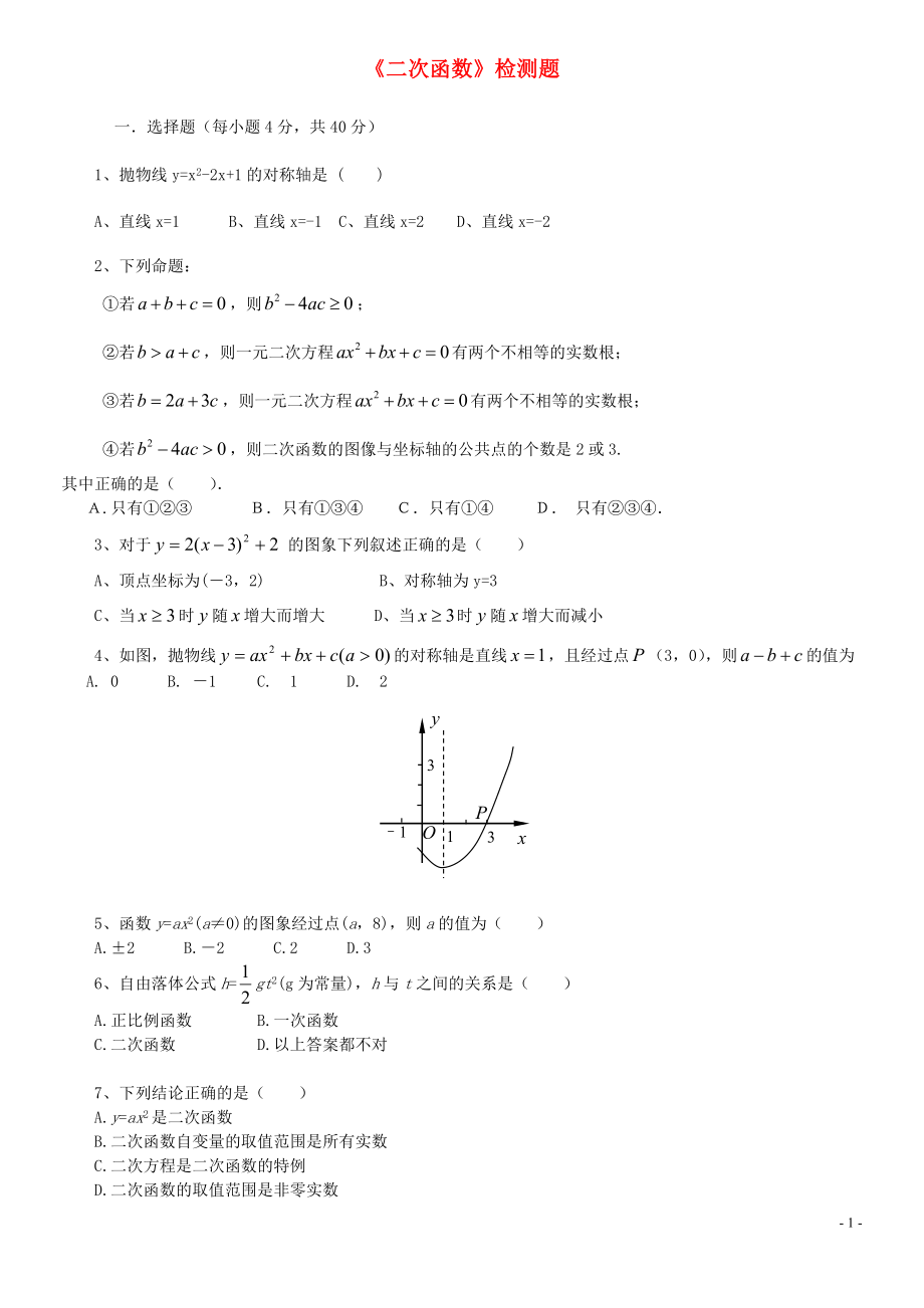 2019年九年級(jí)數(shù)學(xué)上冊(cè) 第22章 二次函數(shù)測(cè)試卷 （新版）新人教版_第1頁(yè)