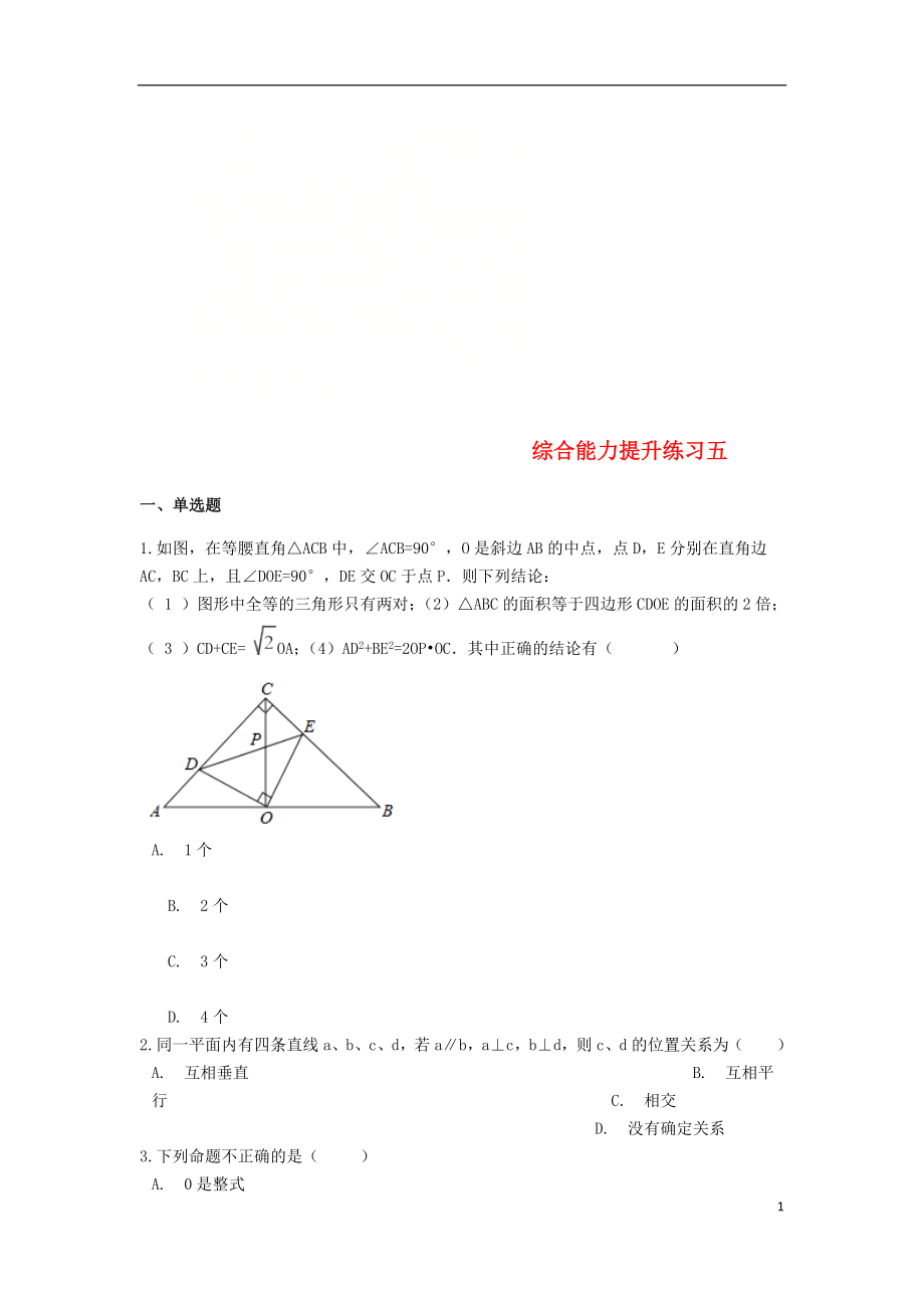 2019中考數(shù)學專題復習 綜合能力提升練習五（含解析）_第1頁