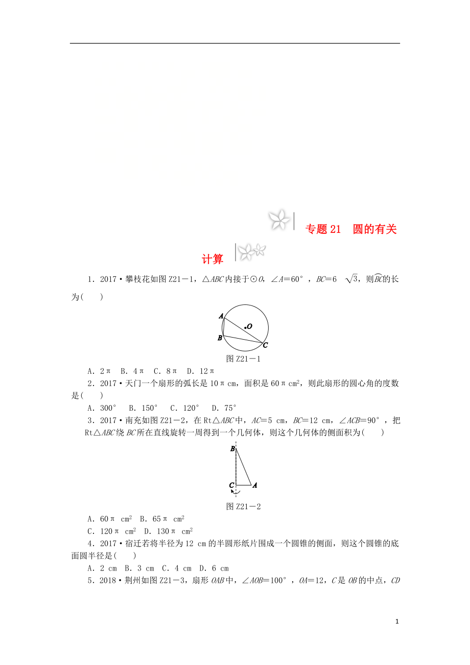 2019年中考數(shù)學(xué)專題復(fù)習(xí)小訓(xùn)練 專題21 圓的有關(guān)計算_第1頁