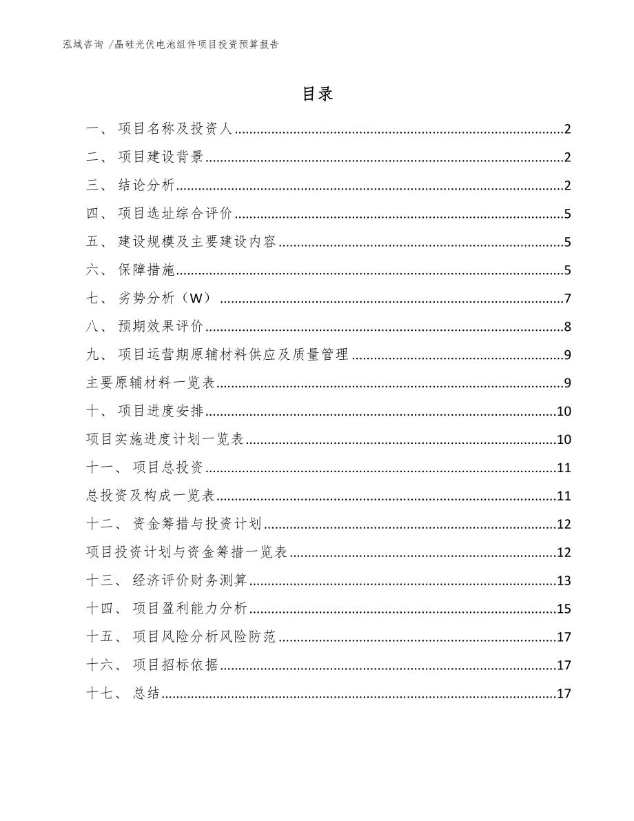 晶硅光伏电池组件项目投资预算报告-模板_第1页