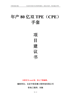 年产80亿双TPE（CPE）手套项目建议书写作模板
