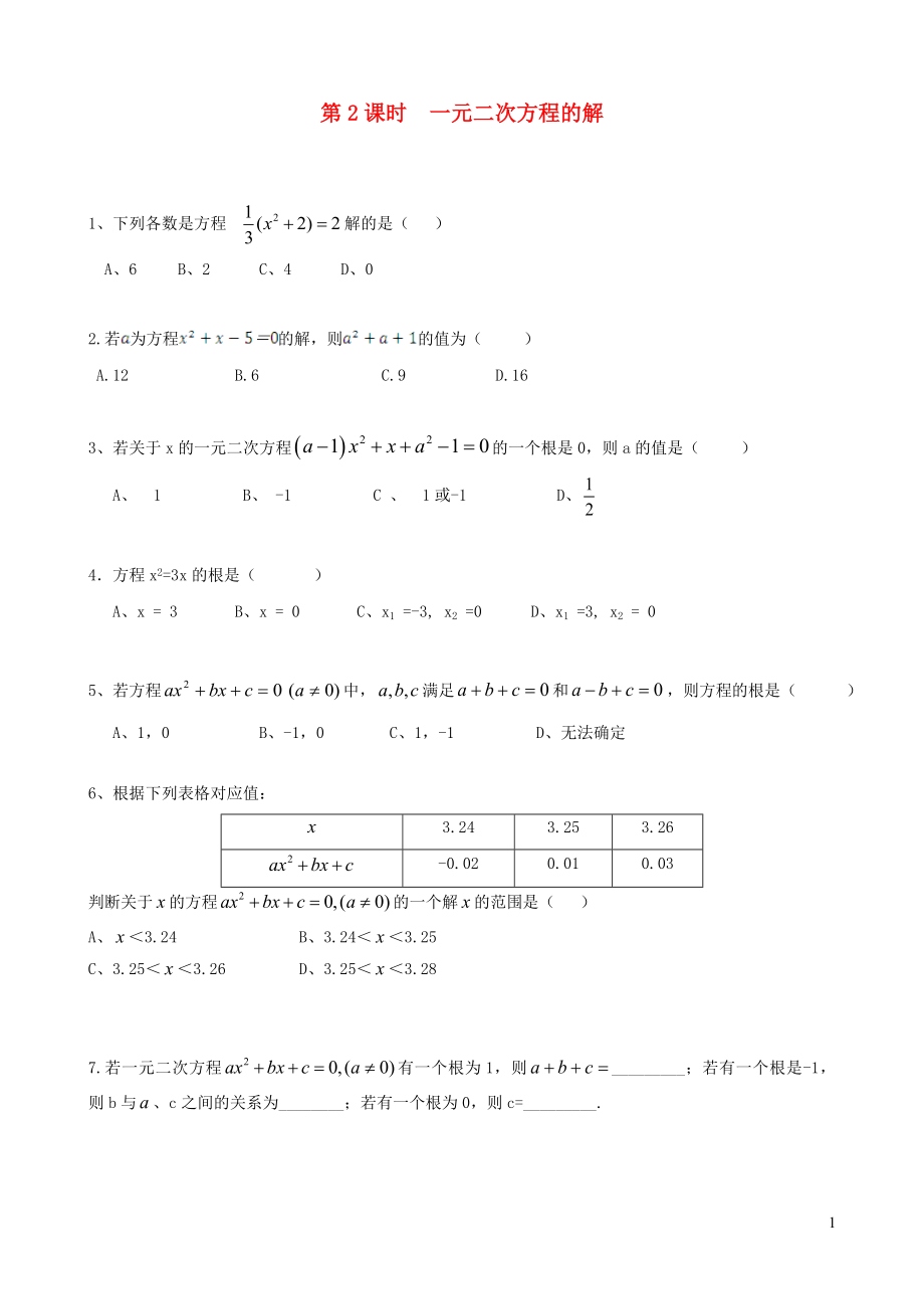 2019秋九年級(jí)數(shù)學(xué)上冊(cè) 第二章 一元二次方程 1 認(rèn)識(shí)一元二次方程 第2課時(shí) 一元二次方程的解練習(xí)（無(wú)答案）（新版）新人教版_第1頁(yè)