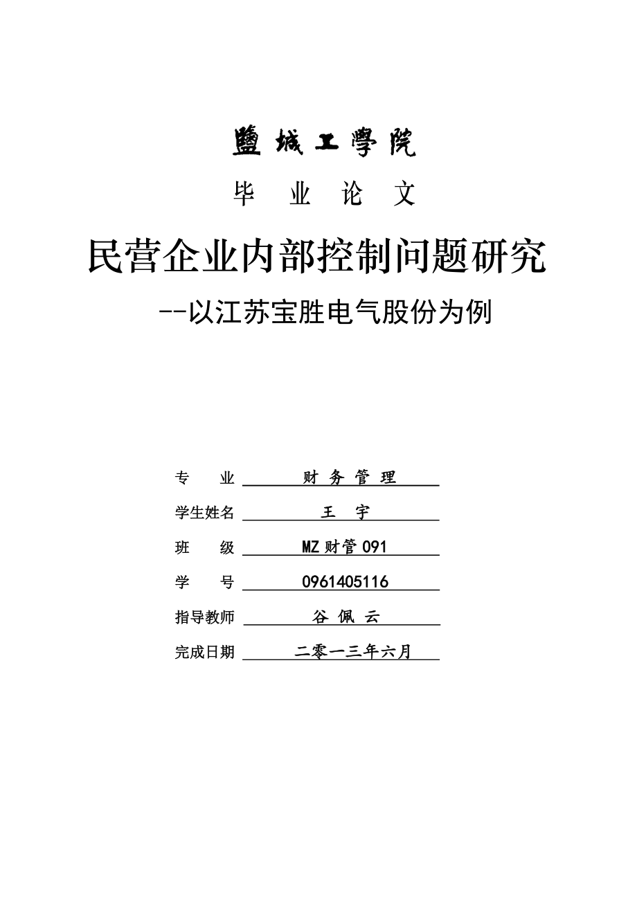 会计学毕业论文民营企业内部控制问题研究以江苏宝胜电气股份有限公司为例_第1页