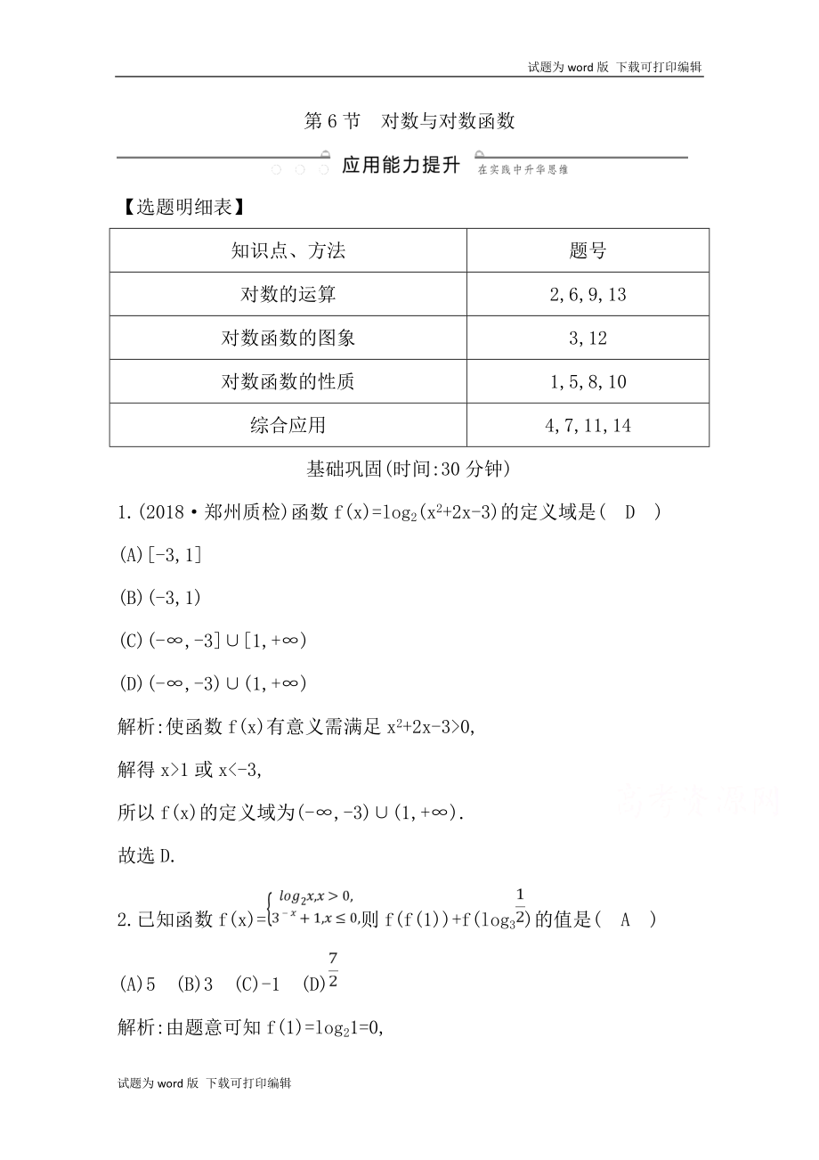 版導(dǎo)與練一輪復(fù)習文科數(shù)學習題：第二篇　函數(shù)及其應(yīng)用必修1 第6節(jié)　對數(shù)與對數(shù)函數(shù) Word版含解析_第1頁