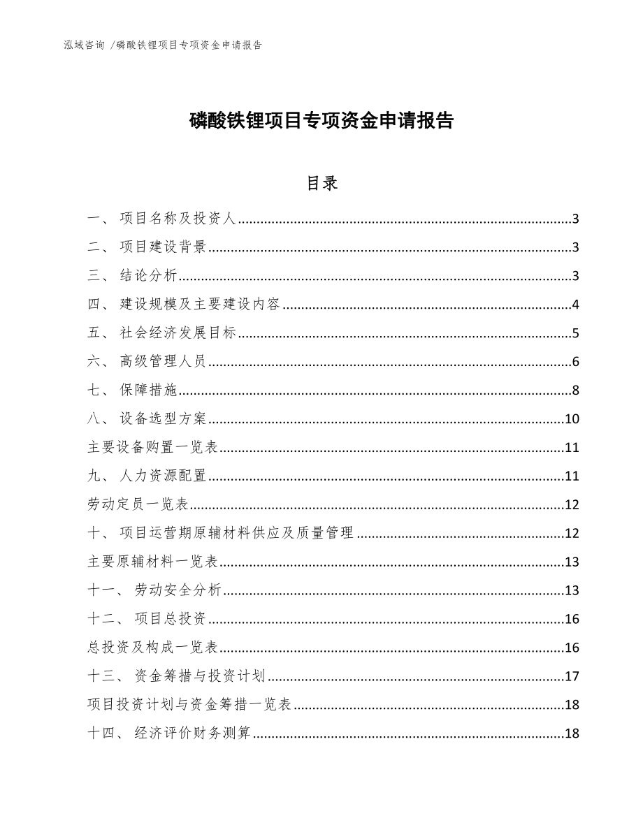 磷酸铁锂项目专项资金申请报告范文参考_第1页