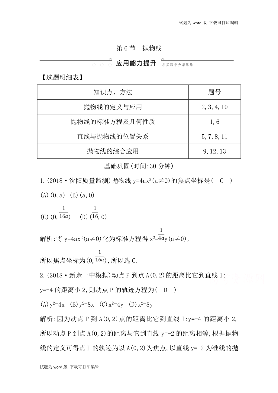 版導與練一輪復習理科數(shù)學習題：第八篇　平面解析幾何必修2、選修11 第6節(jié)　拋物線 Word版含解析(數(shù)理化網(wǎng))_第1頁