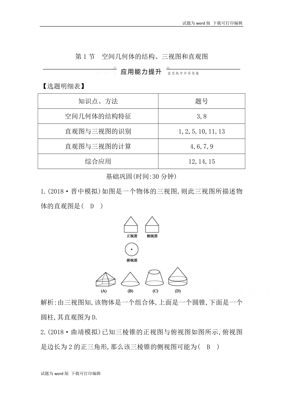 版導(dǎo)與練一輪復(fù)習(xí)文科數(shù)學(xué)習(xí)題：第七篇　立體幾何必修2 第1節(jié) 空間幾何體的結(jié)構(gòu)、三視圖和直觀圖 Word版含解析(數(shù)理化網(wǎng))_第1頁(yè)