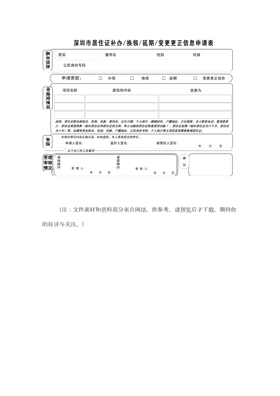 深圳市居住证补办换领延期变更更正信息申请表.doc_第1页